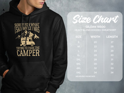 Hooded sweatshirt size chart with chest width and length measurements.