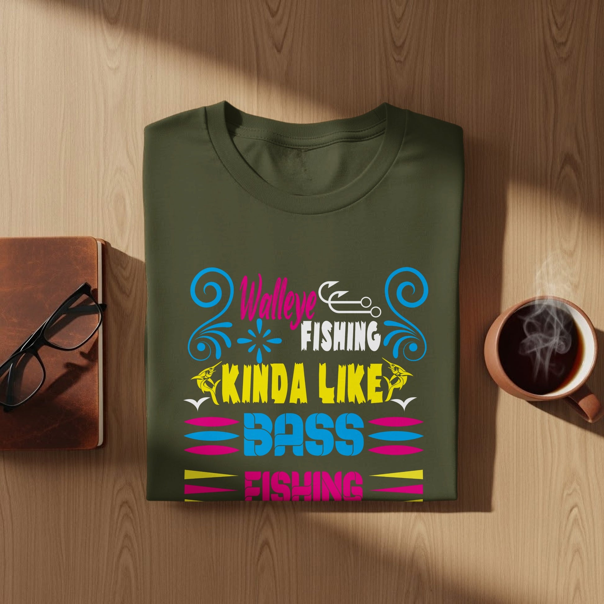 Olive t-shirt with "Walleye Fishing Kinda Like Bass Fishing" text.