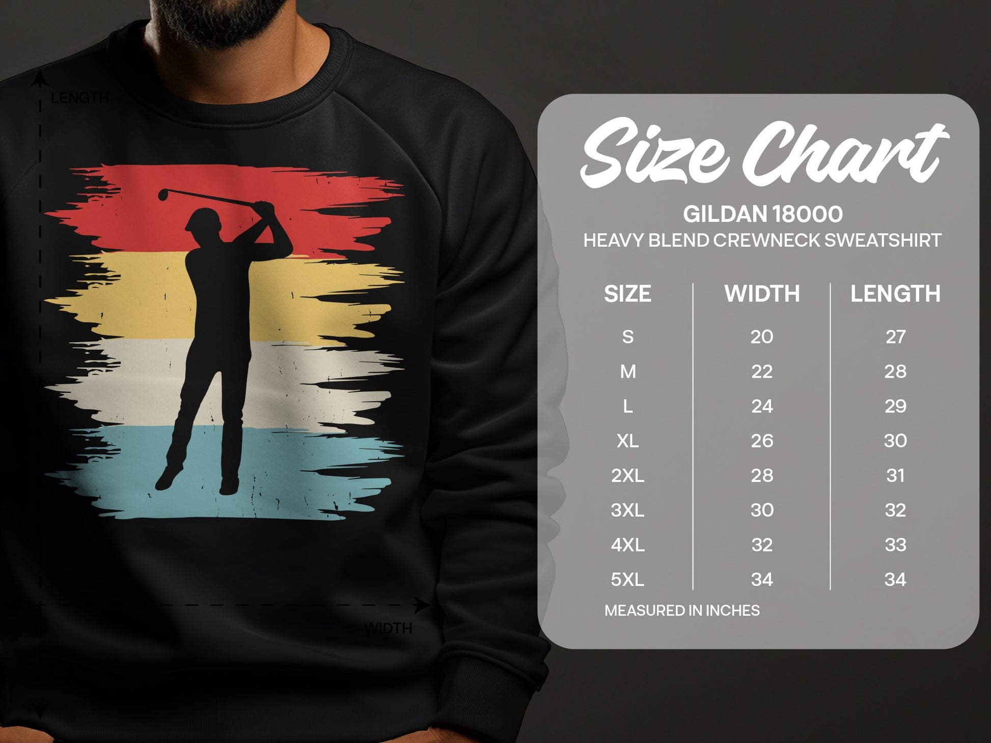 Gildan 18000 sweatshirt size chart showing measurements in inches for different sizes.