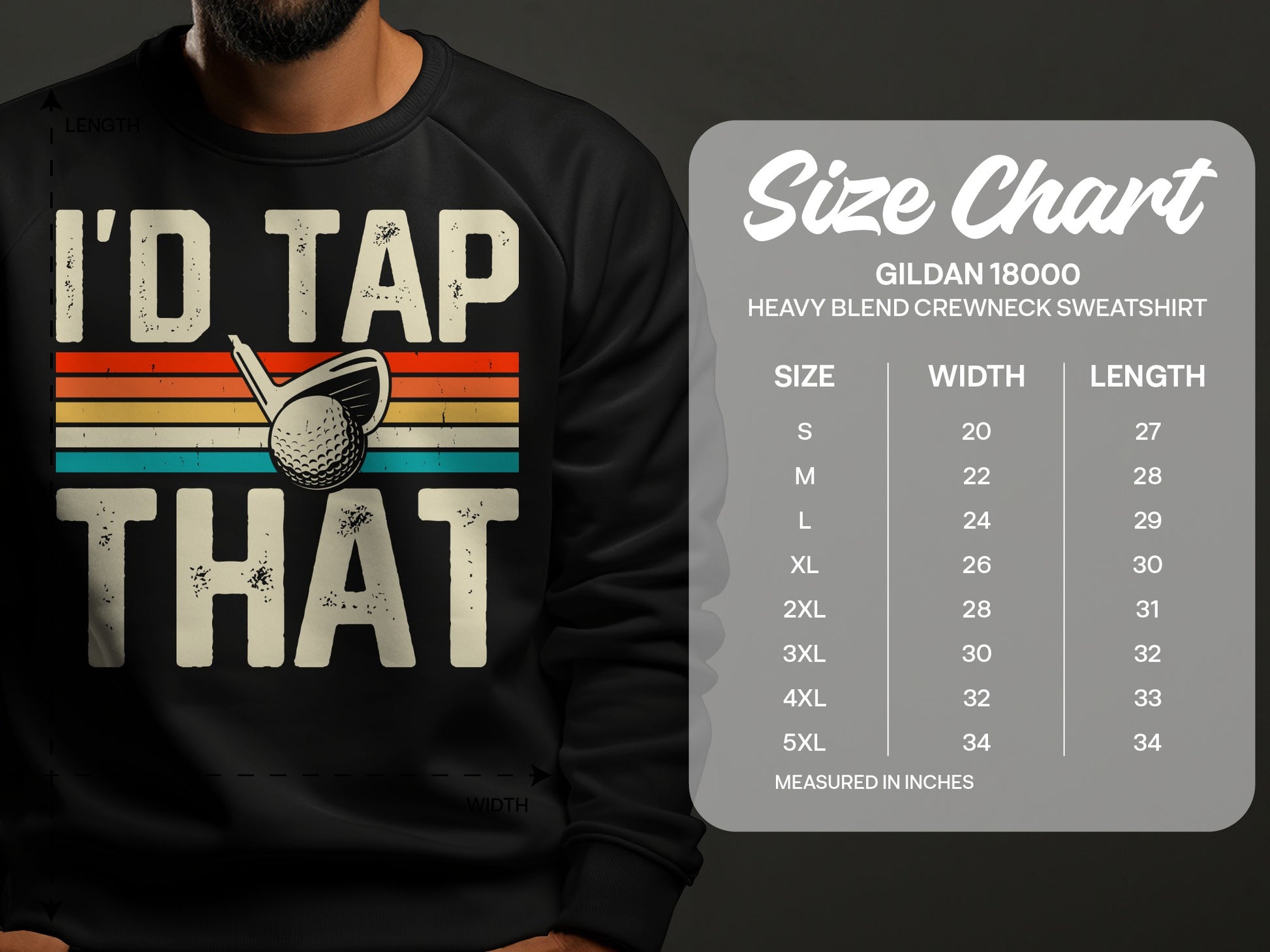 Crewneck sweatshirt with "I'D TAP THAT" text and golf ball and tee graphic.