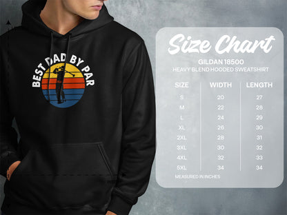 Gildan 18500 sweatshirt size chart and graphic of a golfer at sunset.