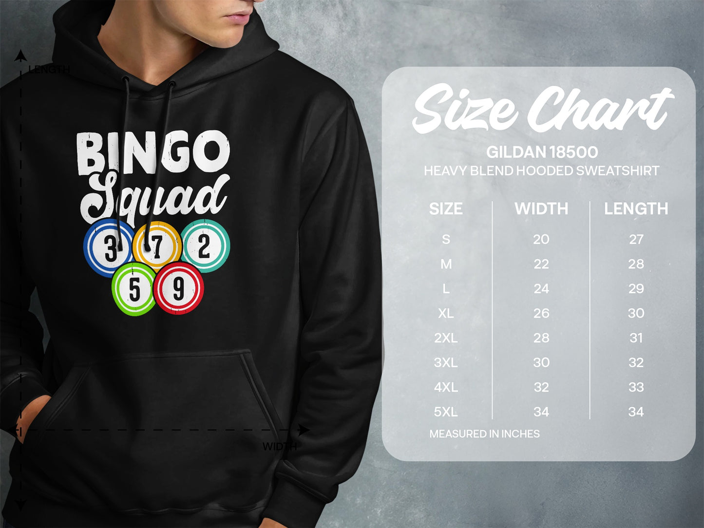 Gildan 18500 hooded sweatshirt size chart with "BINGO Squad" graphic.