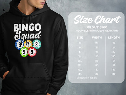 Gildan 18500 hooded sweatshirt size chart with "BINGO Squad" graphic.