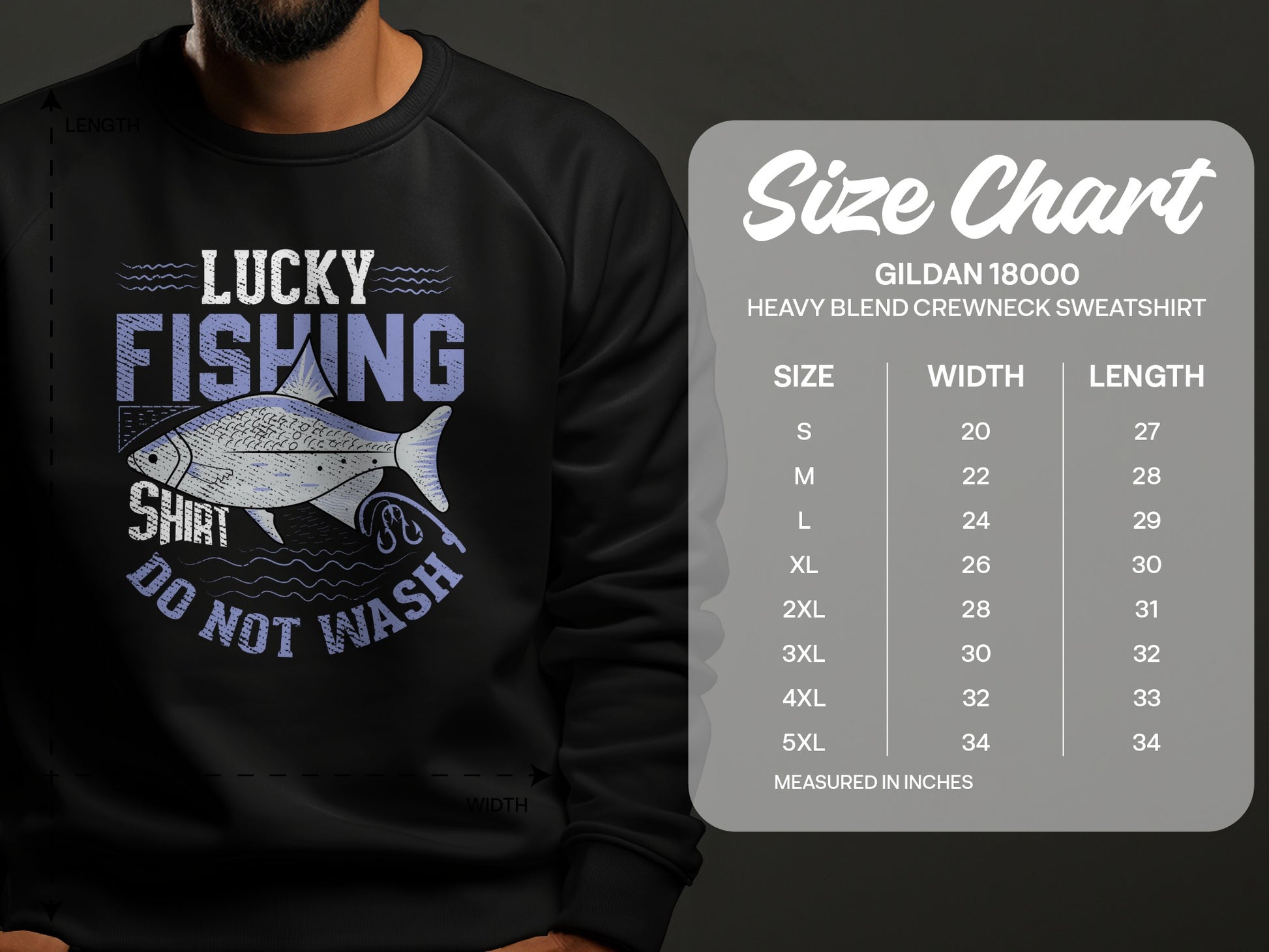 Black sweatshirt with "Lucky Fishing Shirt Do Not Wash" text and size chart.