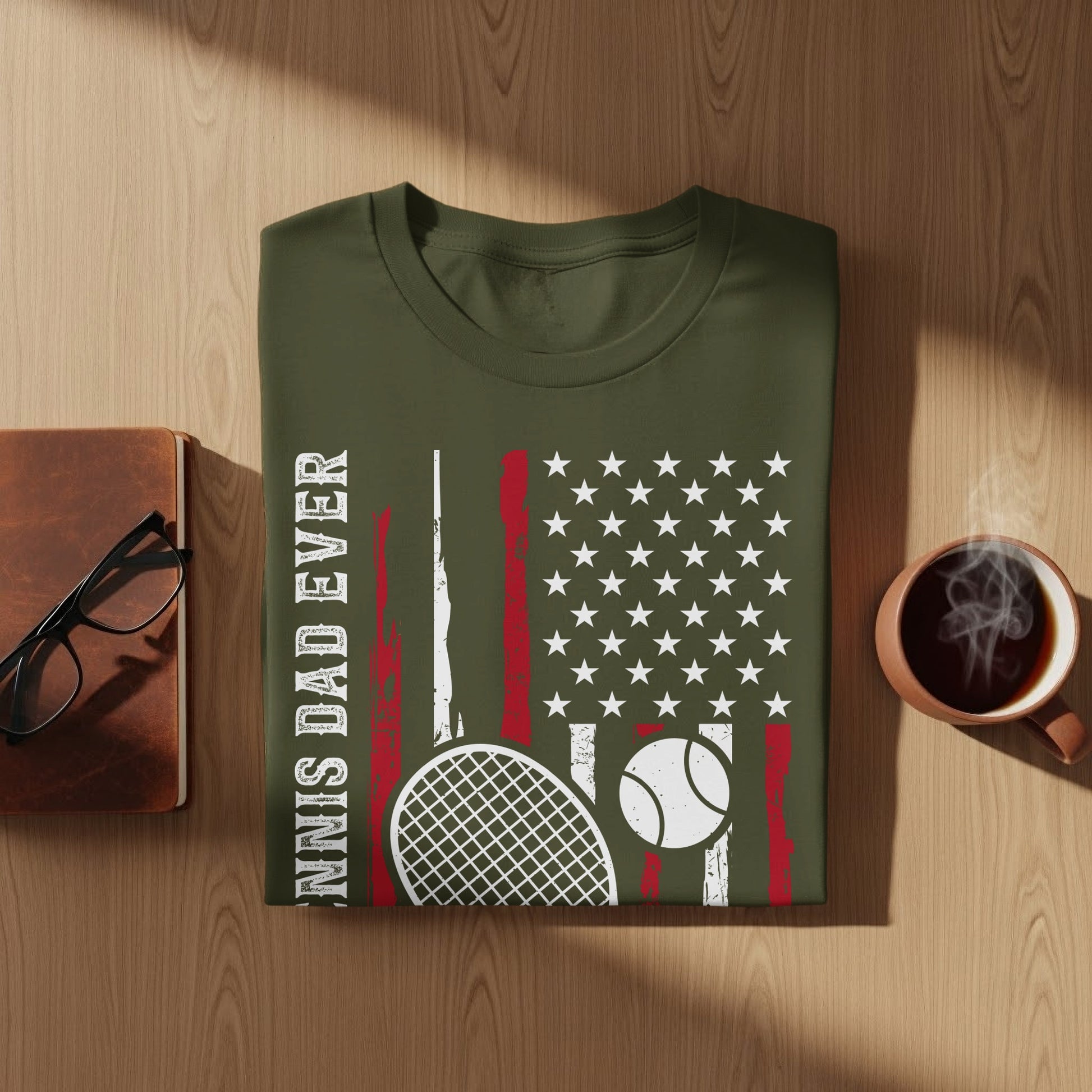 Olive green t-shirt with distressed US flag and tennis graphic.