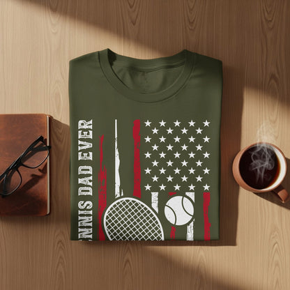 Olive green t-shirt with distressed US flag and tennis graphic.