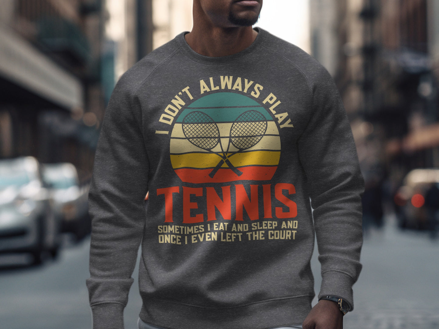 Gray sweatshirt with tennis rackets and "Tennis" text.