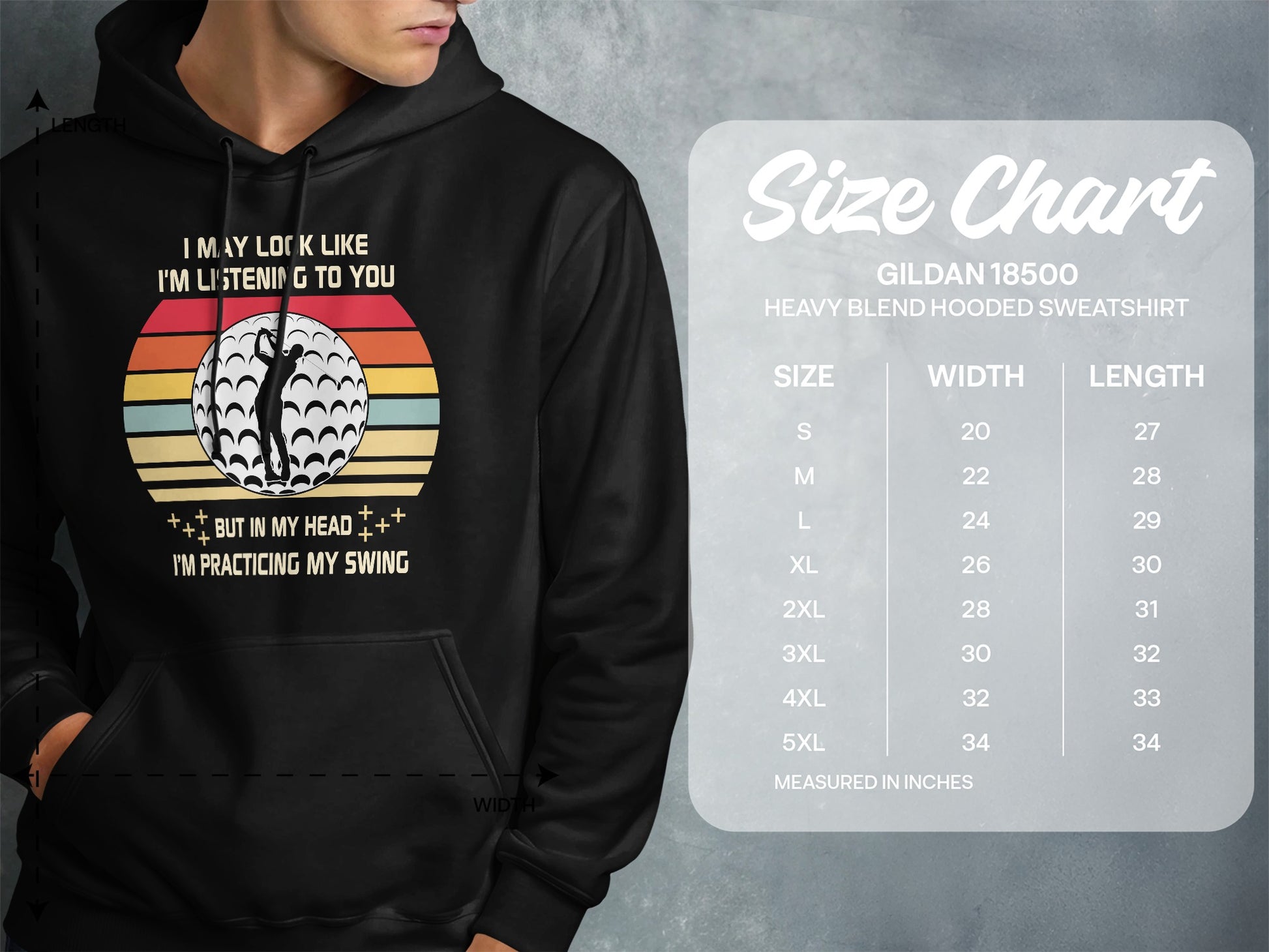 Hooded sweatshirt graphic with golf ball and text.