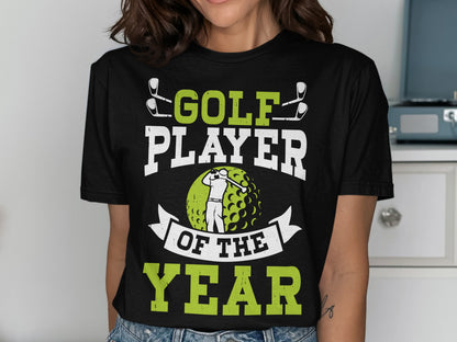Black t-shirt with "Golf Player of the Year" text and golfer illustration.