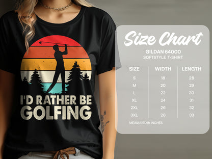 T-shirt with sunset graphic and text "I'd Rather Be Golfing" and size chart.