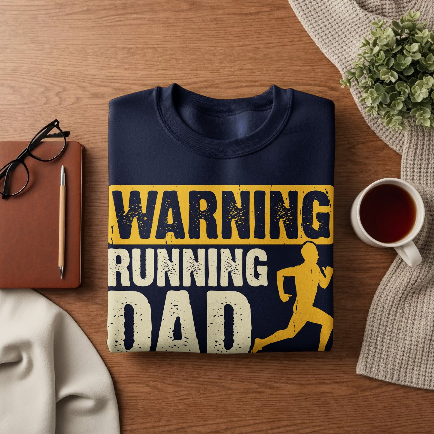 Navy sweatshirt with "Warning Running Dad" text and a running silhouette.