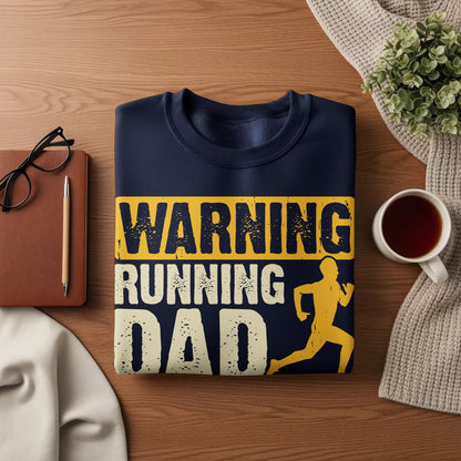 Navy sweatshirt with "Warning Running Dad" text and a running silhouette.