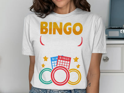 White t-shirt with "BINGO" text and colorful bingo cards and rings.