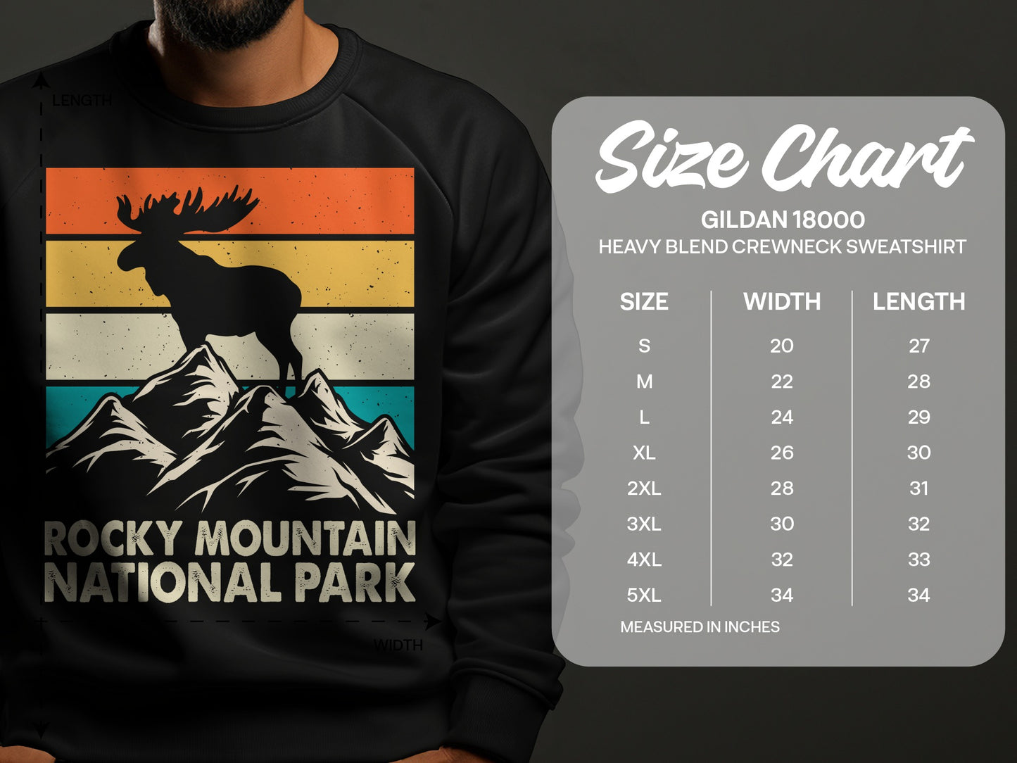 Gildan 18000 sweatshirt size chart with Rocky Mountain National Park graphic.