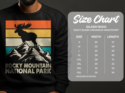 Gildan 18000 sweatshirt size chart with Rocky Mountain National Park graphic.