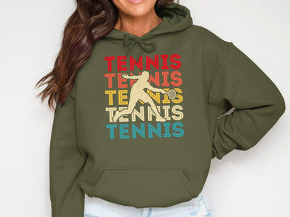 Olive green hoodie with "TENNIS" text and silhouetted tennis player.