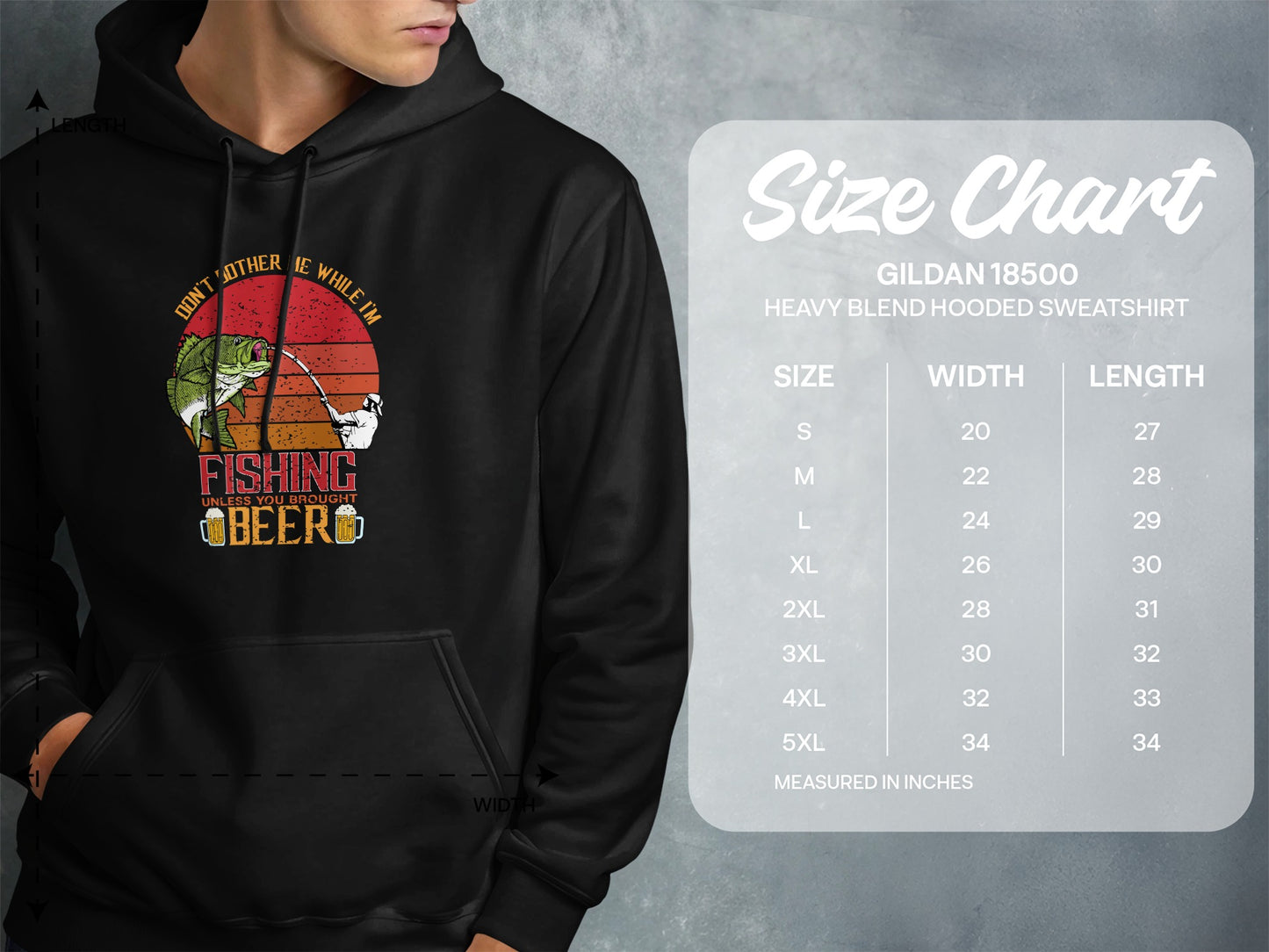 Hoodie size chart for Gildan 18500 sweatshirt with fishing graphic.