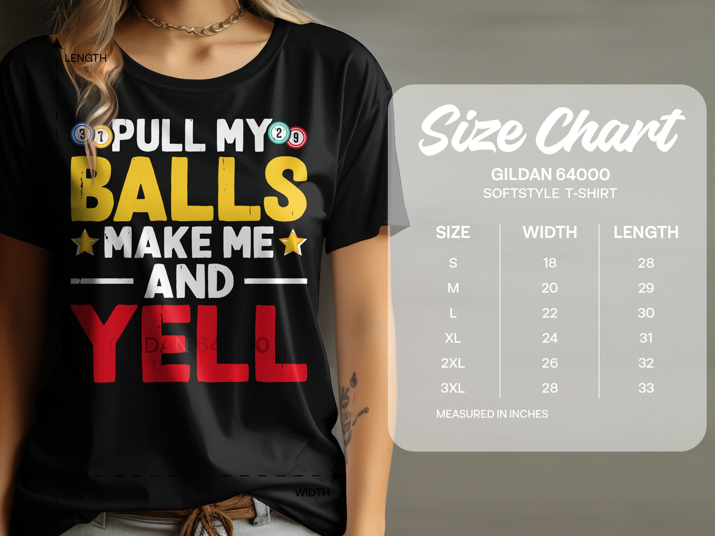 Black t-shirt with "Pull My Balls Make Me Yell" text and size chart.