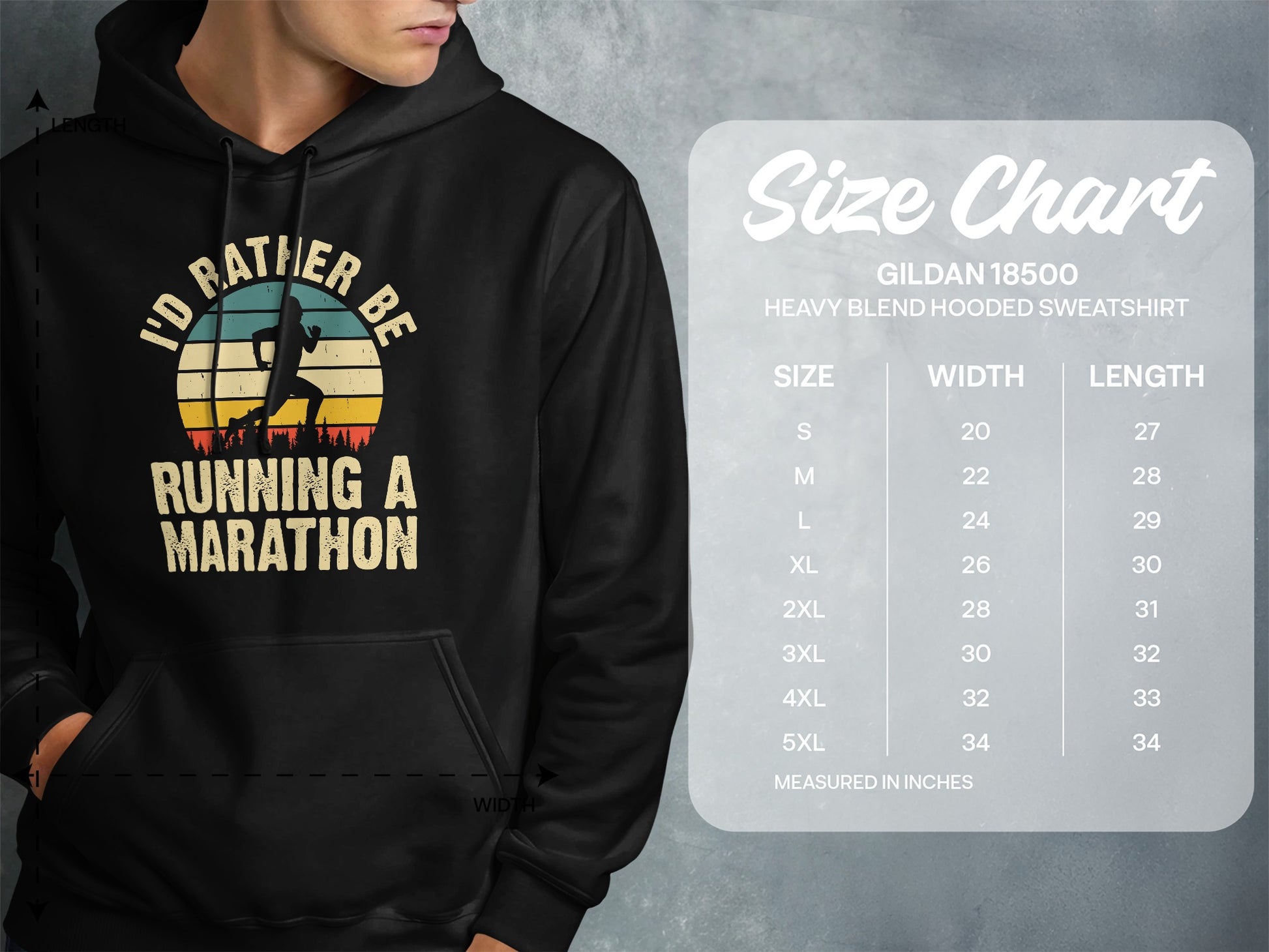Gildan 18500 hoodie size chart with text "I'd rather be running a marathon".