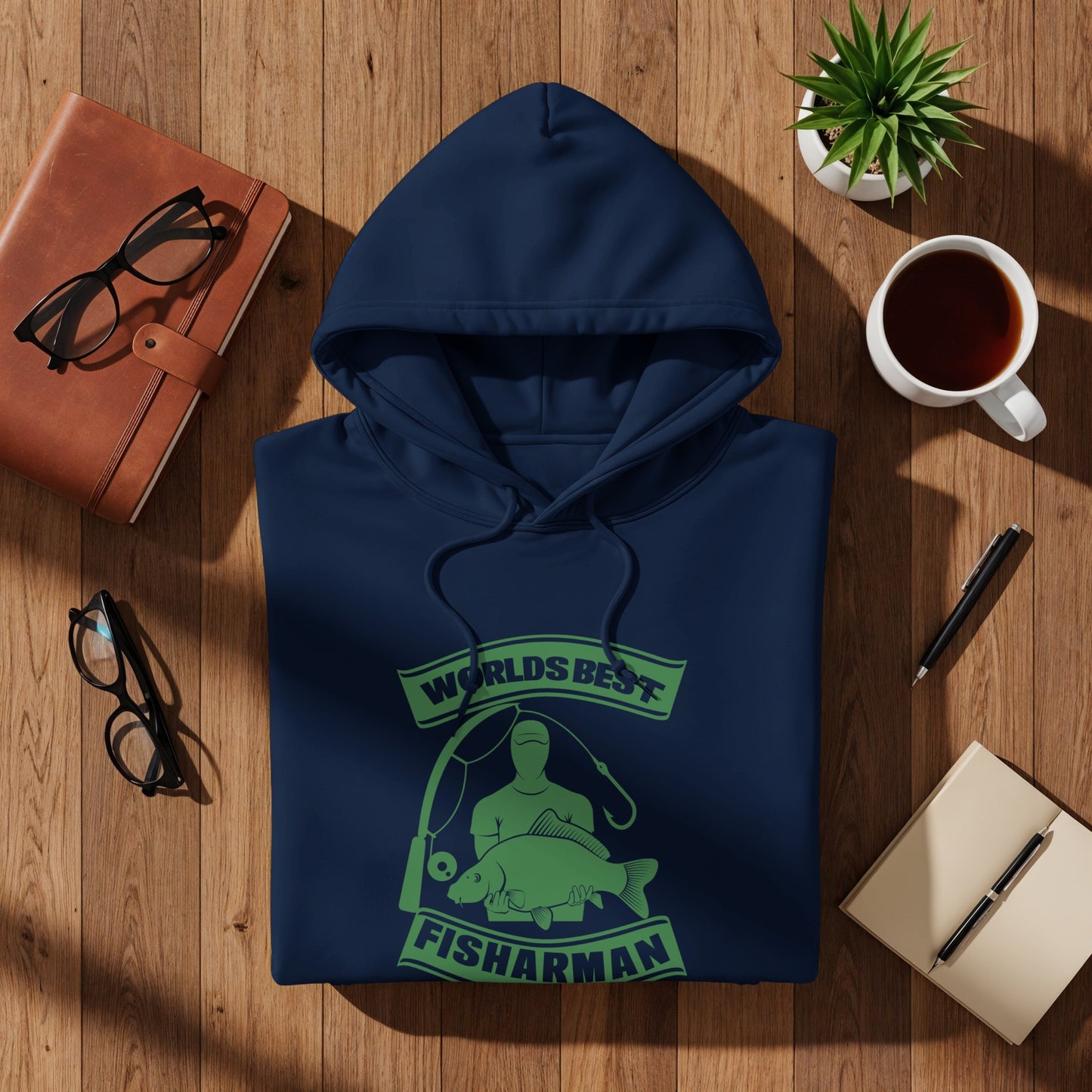 Navy blue hooded sweatshirt with "World's Best Fisherman" graphic.