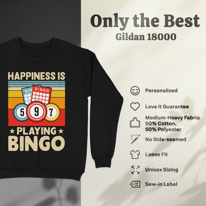 Black sweatshirt with "Happiness is Playing Bingo" graphic and product features list.