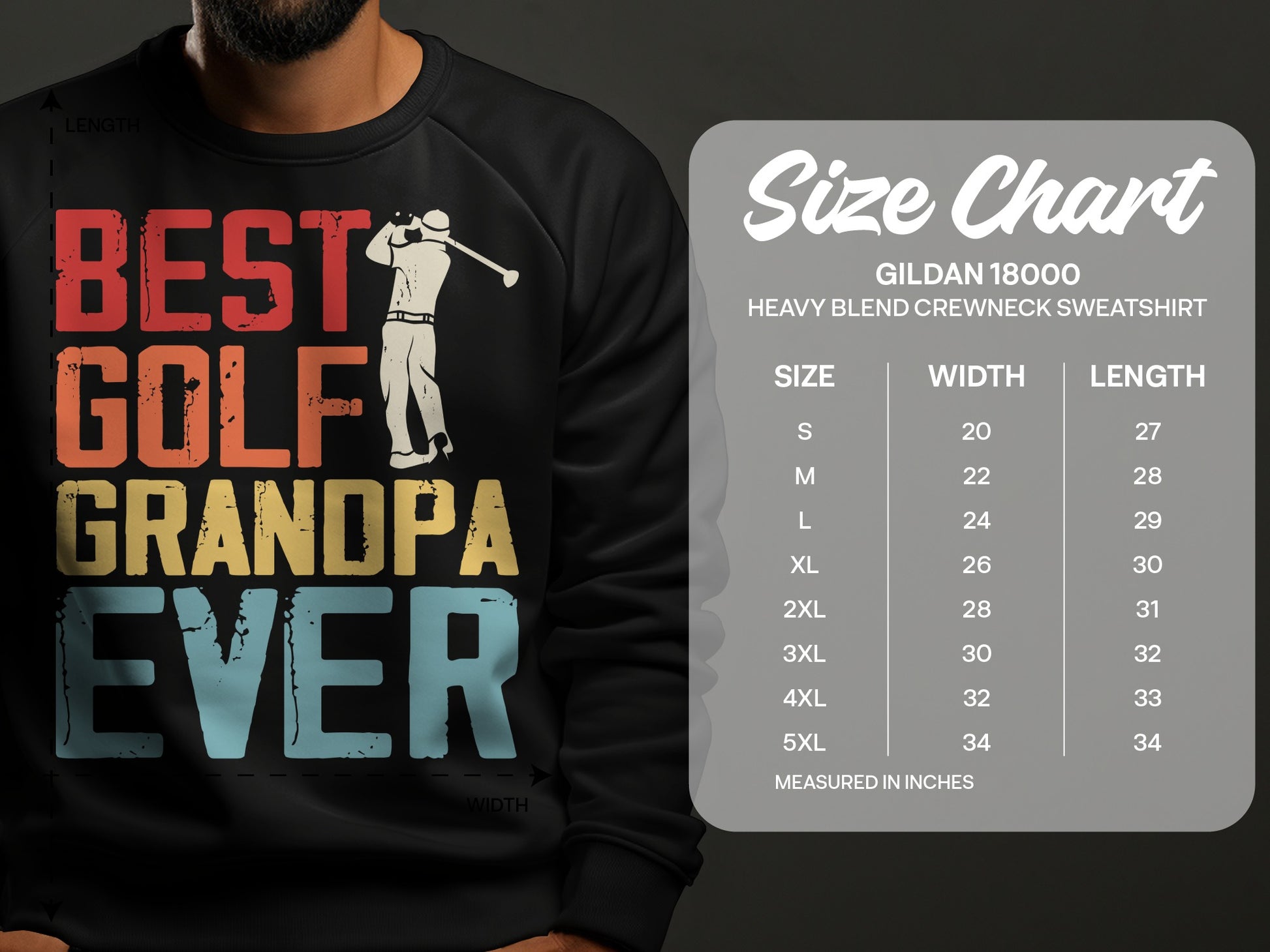 Gildan 18000 sweatshirt size chart with golf grandpa graphic.