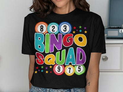 Black t-shirt with colorful "BINGO SQUAD" text and numbered bingo balls.