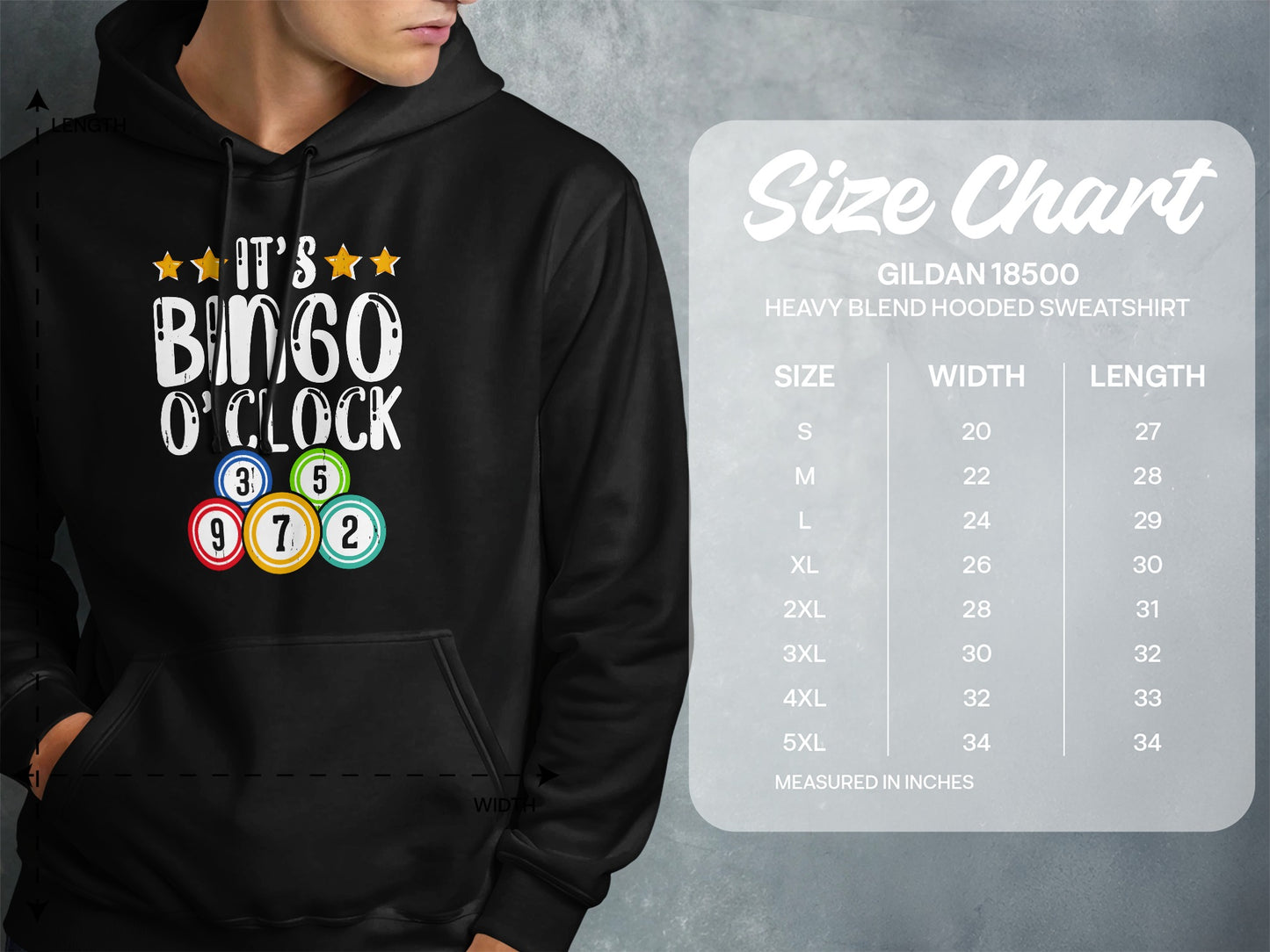 Hoodie with "It's Bingo O'Clock" graphic and size chart.