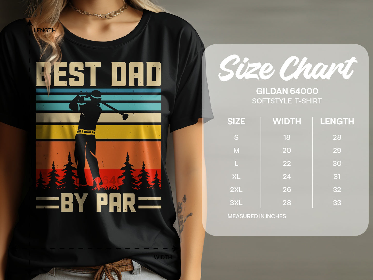 T-shirt with "Best Dad By Par" text and a golfer silhouette, next to a size chart.