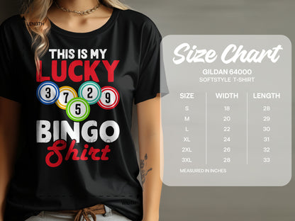 Black t-shirt with "This is my Lucky Bingo Shirt" and bingo balls.