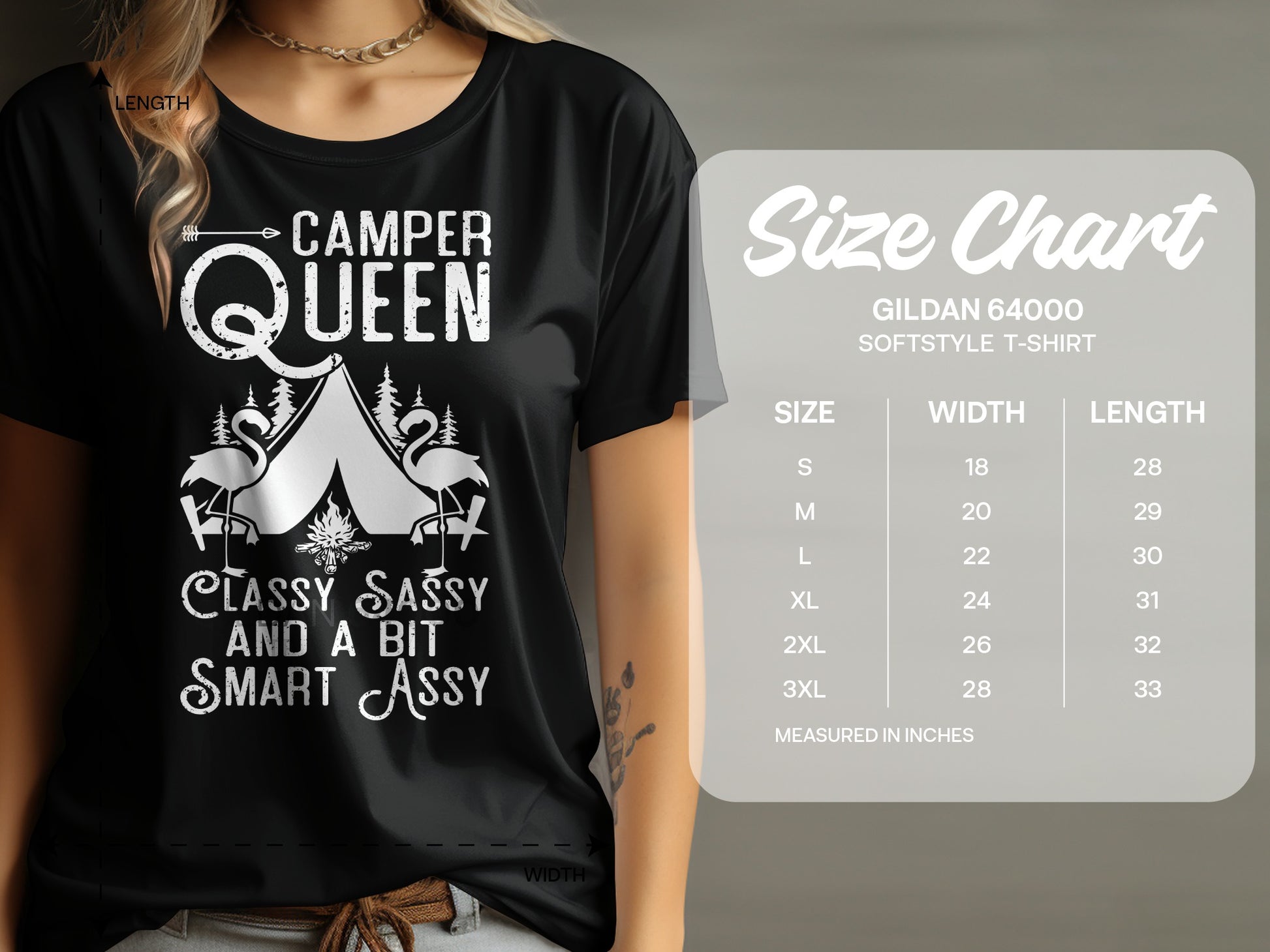 T-shirt with "Camper Queen Classy Sassy Smart Assy" text and a size chart.
