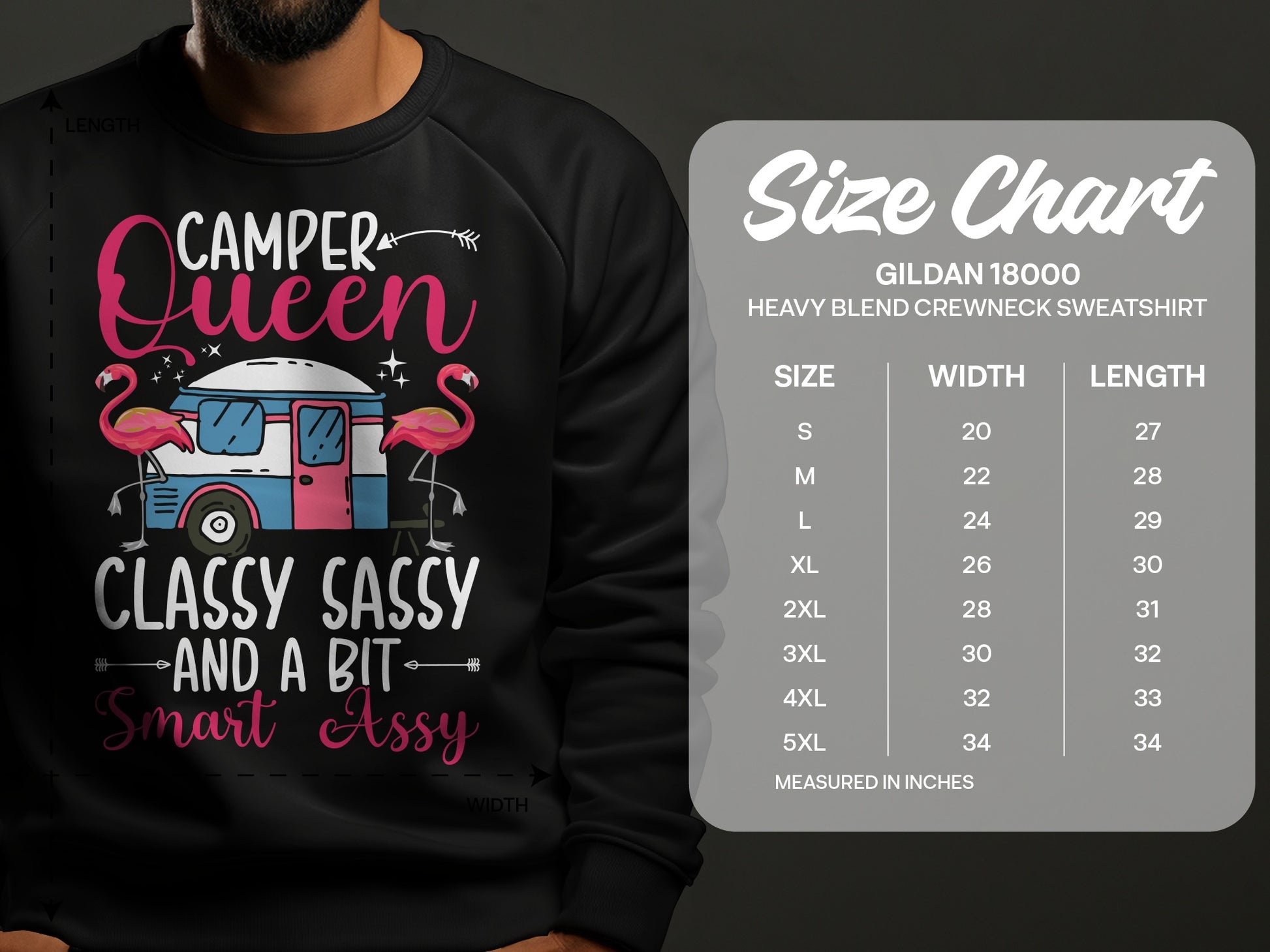Black sweatshirt with "Camper Queen Classy Sassy Smart Assy" design and size chart.