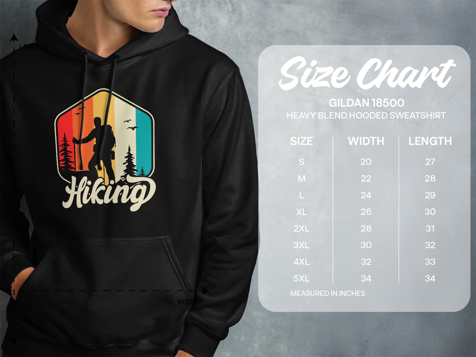Hiking graphic on a size chart for Gildan 18500 hooded sweatshirt.