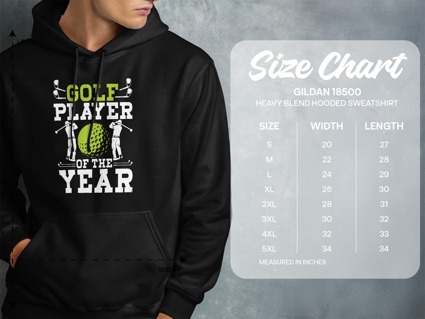 Hooded sweatshirt size chart with "Golf Player of the Year" graphic.