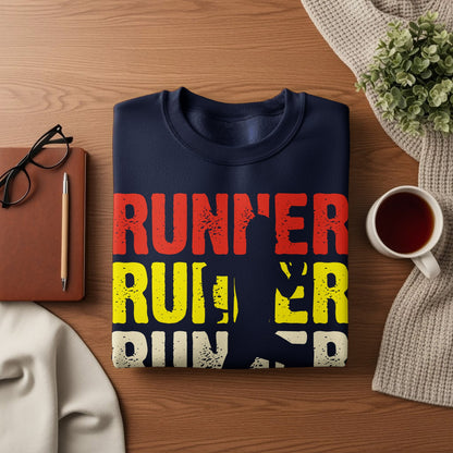 Navy sweatshirt with "Runner" text in red and yellow.