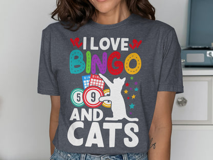 T-shirt with "I Love Bingo and Cats" text and cat graphic.