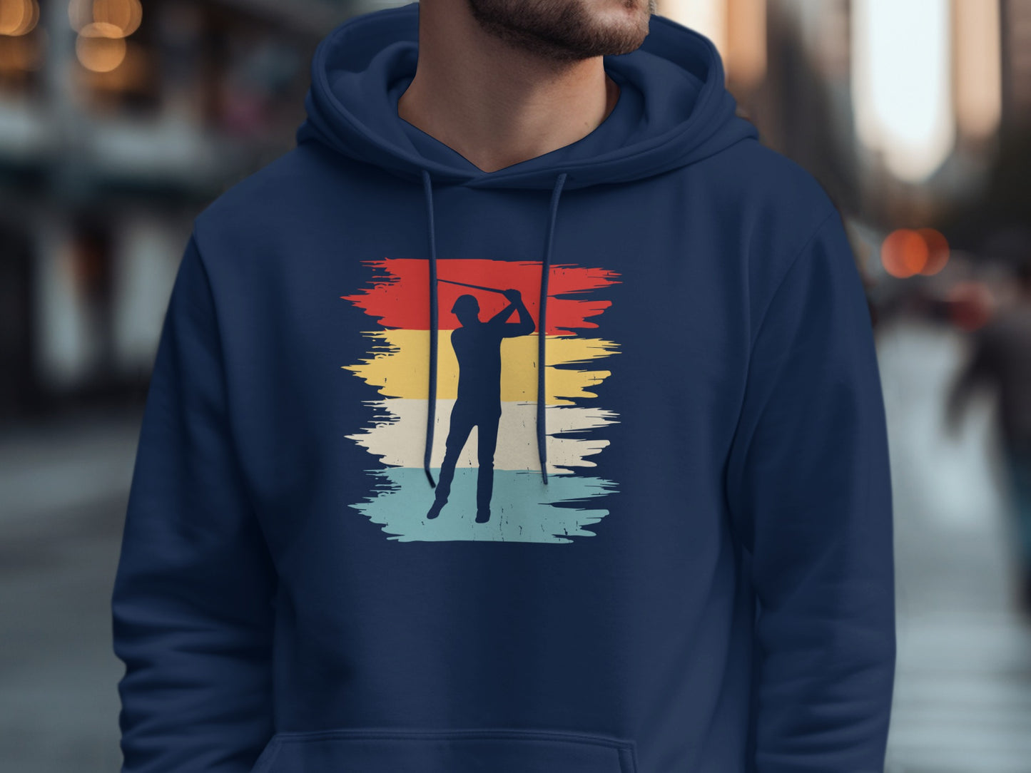 Navy hoodie with vintage golfer silhouette graphic and colorful brush strokes.