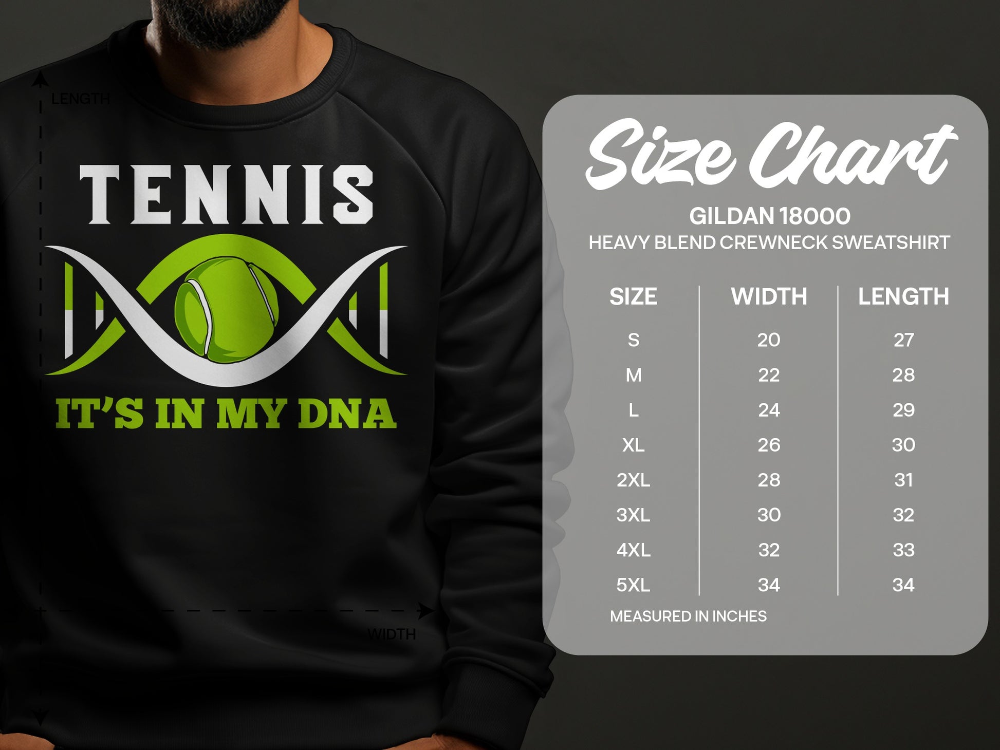 Size chart for Gildan 18000 heavy blend crewneck sweatshirt.