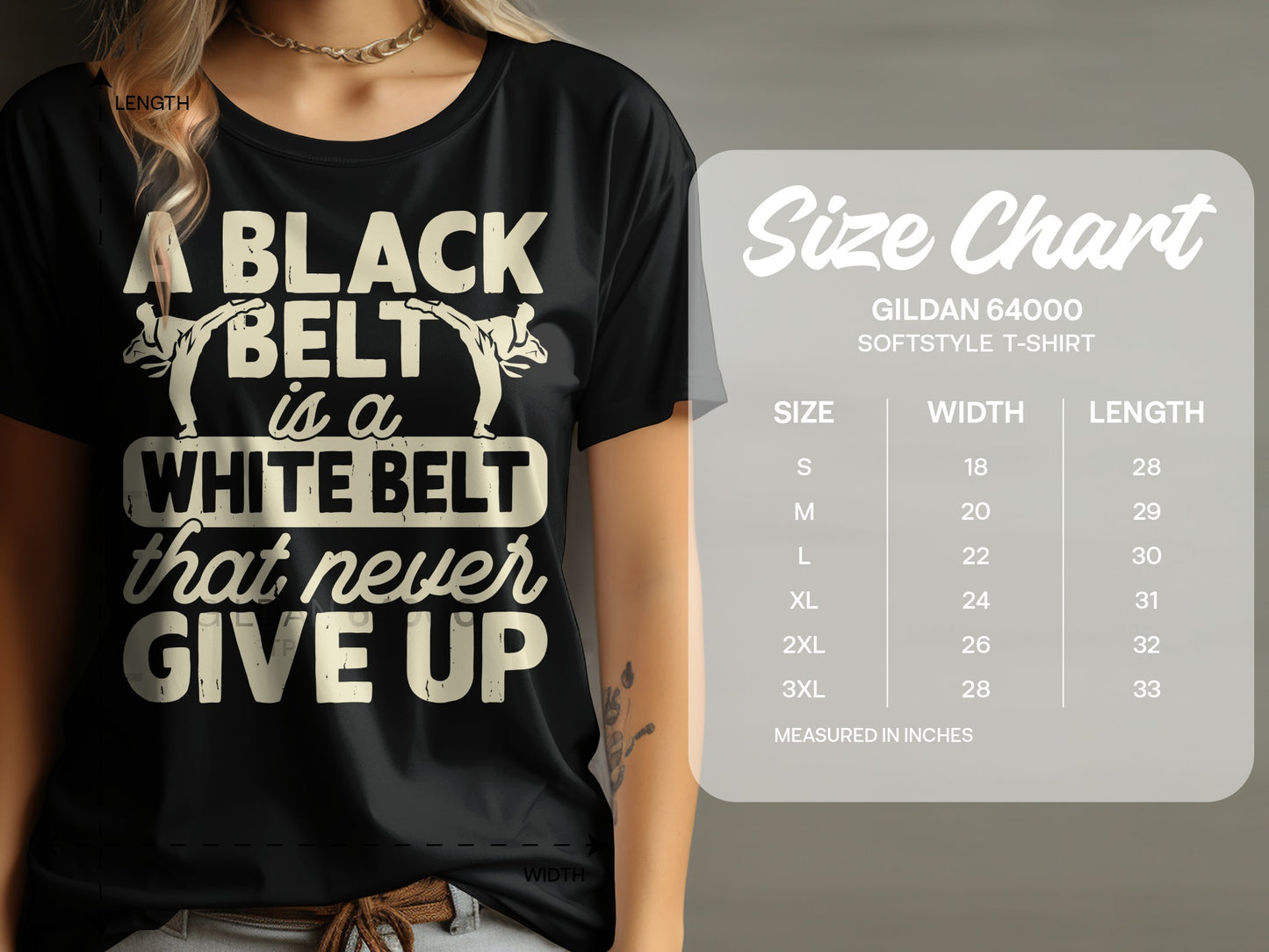 Black belt graphic t-shirt with size chart for Gildan 64000 t-shirt.