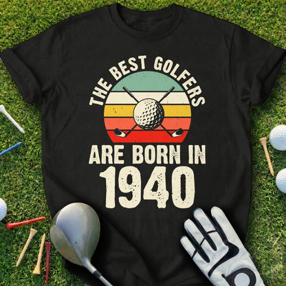 Black t-shirt with "The best golfers are born in 1940" and golf imagery.