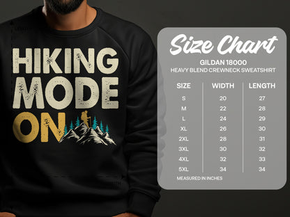 Crewneck sweatshirt with "Hiking Mode On" graphic and size chart.