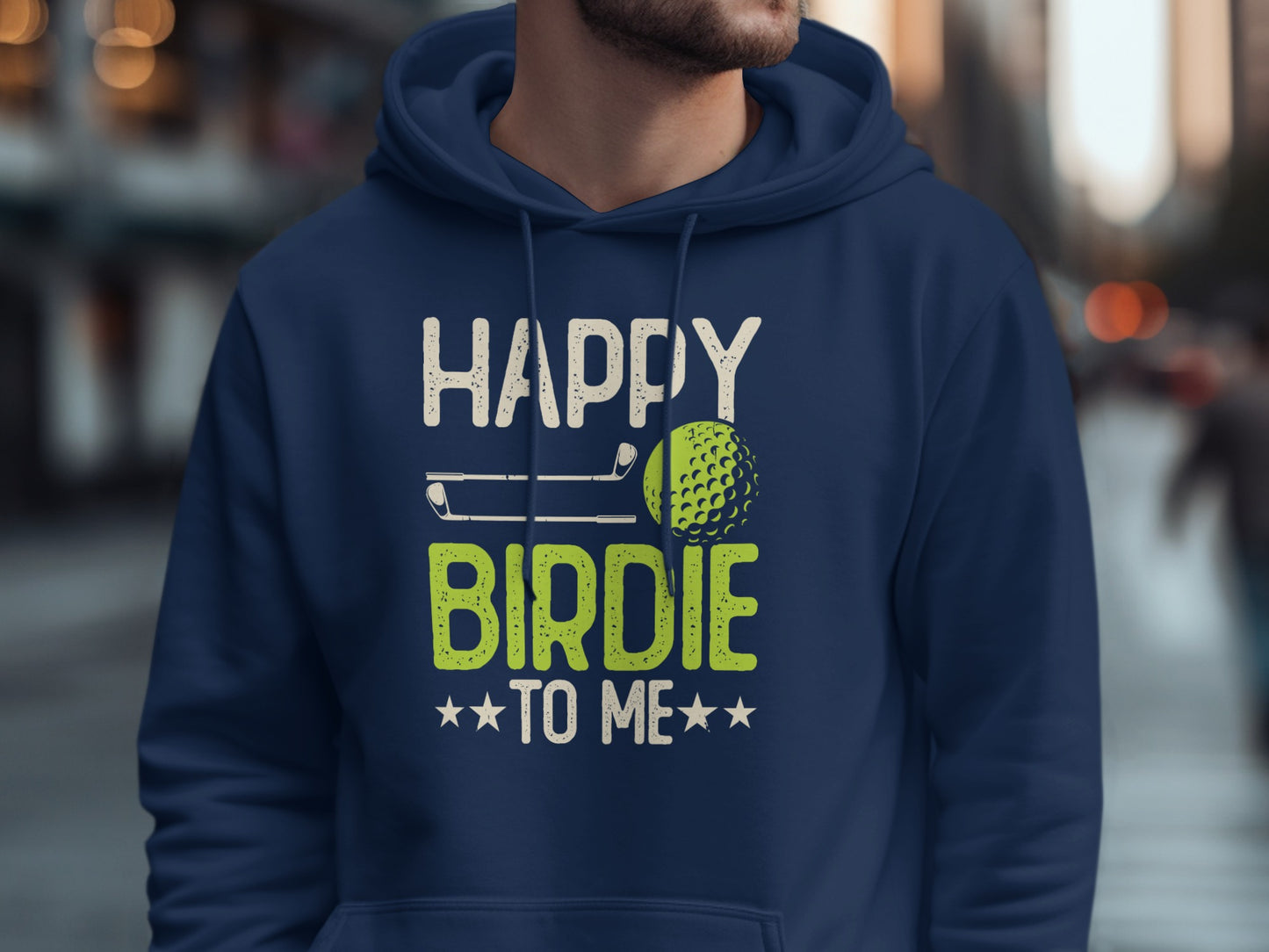 Dark blue hoodie with "HAPPY BIRDIE TO ME" text and golf graphics.