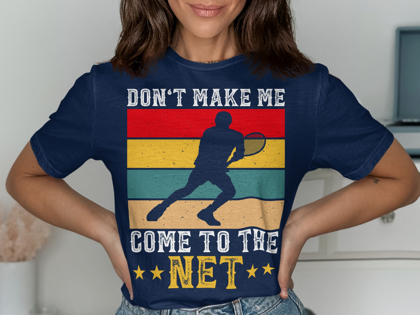 Navy t-shirt with "Don't Make Me Come to the Net" and tennis player silhouette.