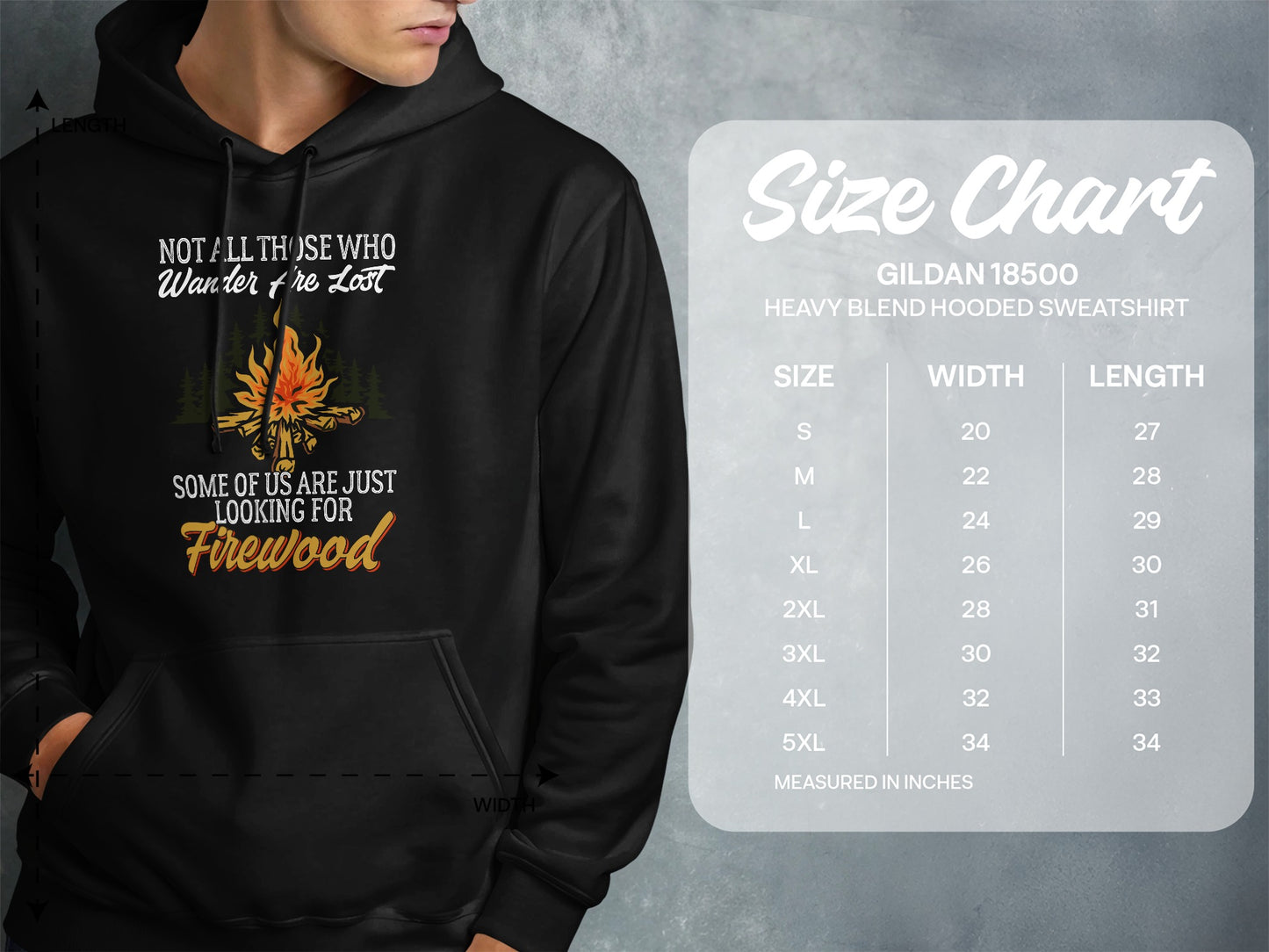 Hooded sweatshirt with "Firewood" graphic and size chart.