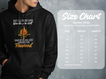 Hooded sweatshirt with "Firewood" graphic and size chart.