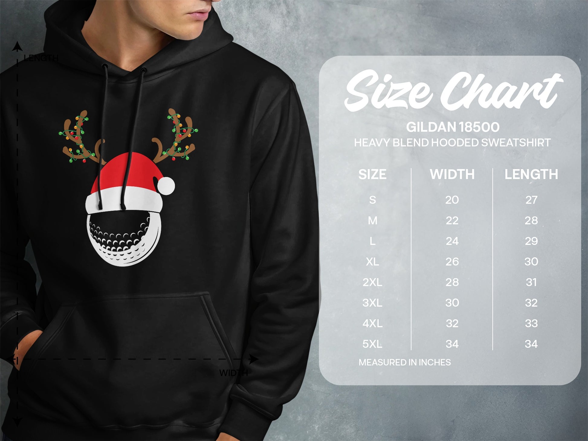 Gildan 18500 hooded sweatshirt size chart with measurements.