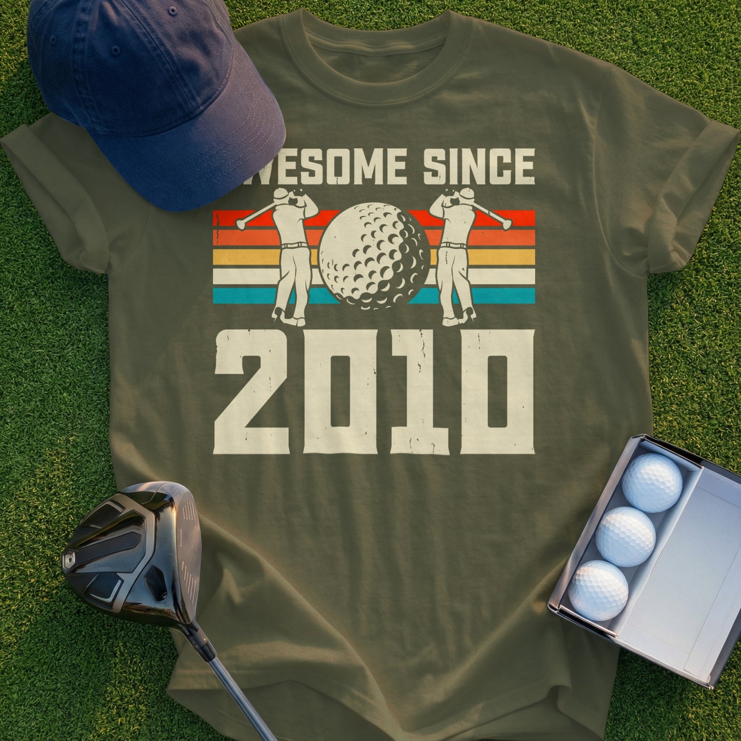 Olive green t-shirt with "Awesome Since 2010" and retro golf graphic.