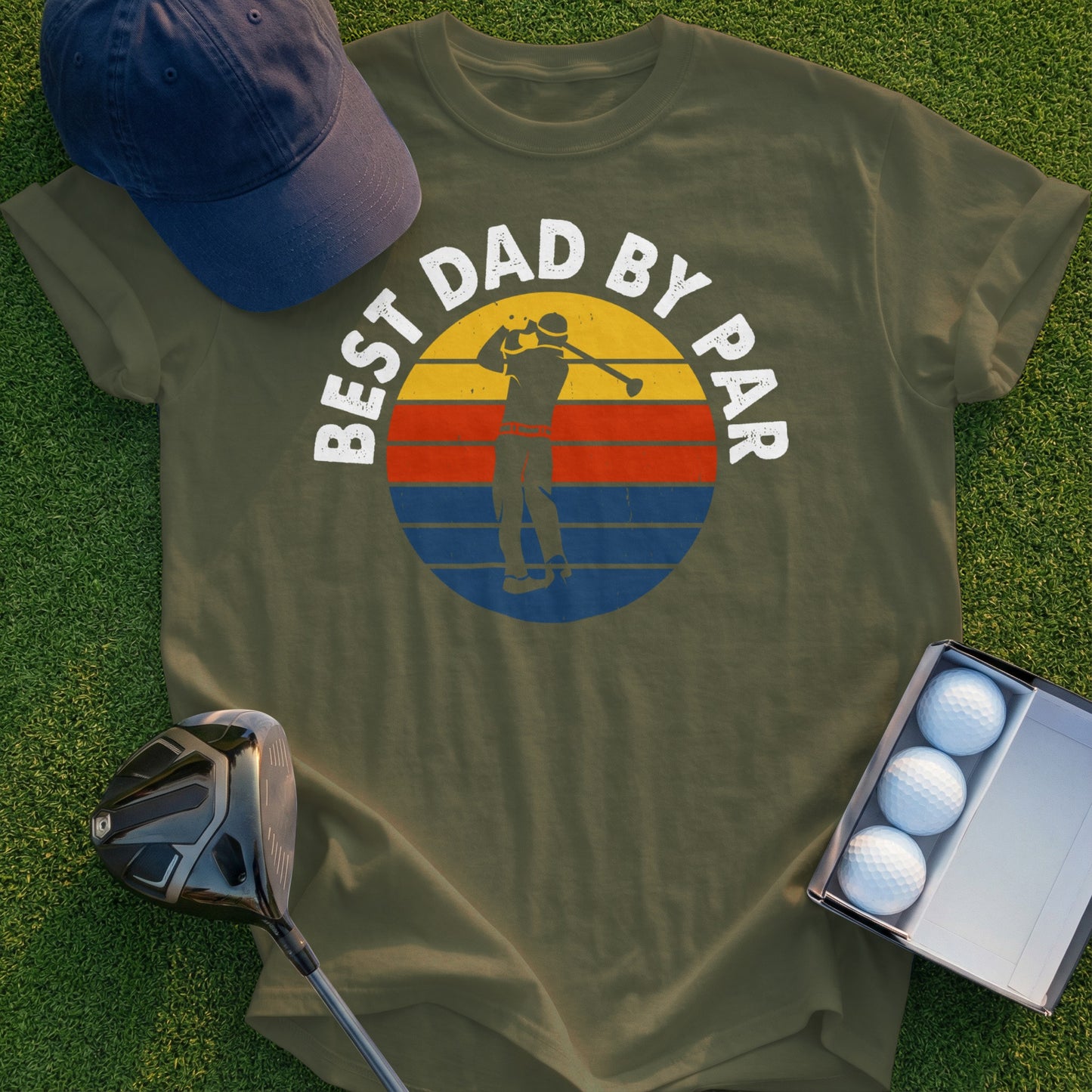 Olive t-shirt with "Best Dad by Par" text and a golfer graphic.