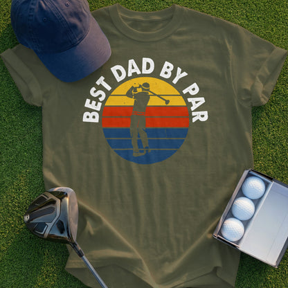 Olive t-shirt with "Best Dad by Par" text and a golfer graphic.
