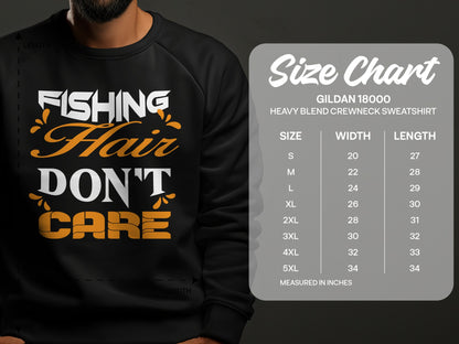 Gildan 18000 sweatshirt size chart with width and length measurements.